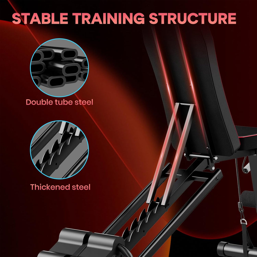 Panca da palestra con struttura di allenamento stabile in evidenza, dotata di doppio tubo in acciaio e componenti in acciaio ispessito.