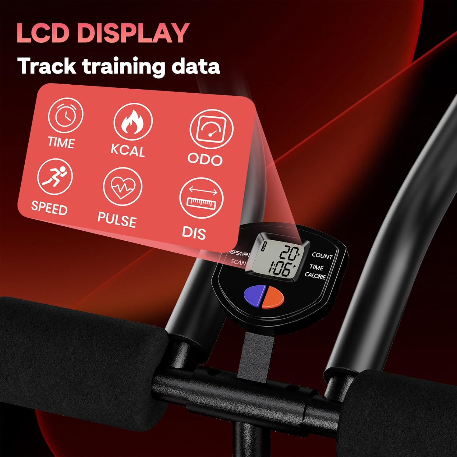 Console per cyclette con display LCD che mostra vari dati di allenamento su uno sfondo scuro