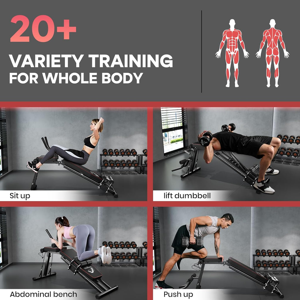 Ambiente di palestra con persone che si allenano e testo su allenamenti vari per tutto il corpo.