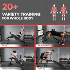 Ambiente di palestra con persone che si allenano e testo su allenamenti vari per tutto il corpo.