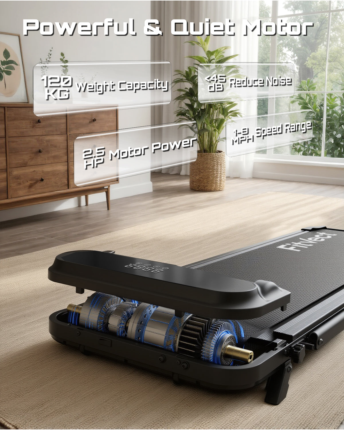 Tapis roulant con dettagli del motore in un ambiente domestico