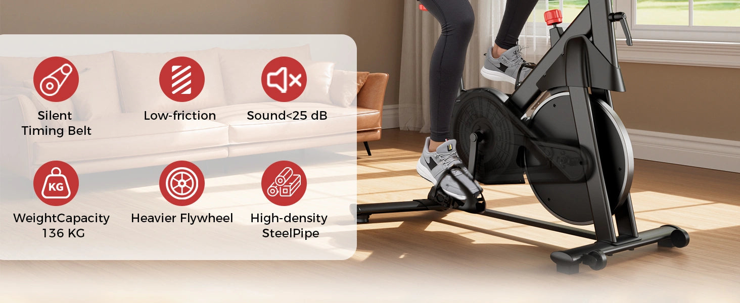 Cyclette con caratteristiche evidenziate su una sovrapposizione bianca