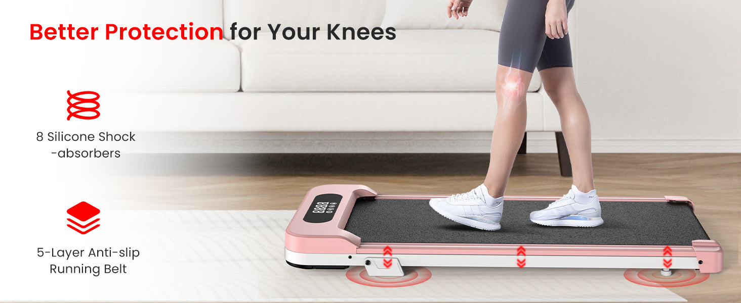 Persona che utilizza un attrezzo per esercizi domestici con testo sulla protezione delle ginocchia e sulle caratteristiche del prodotto.