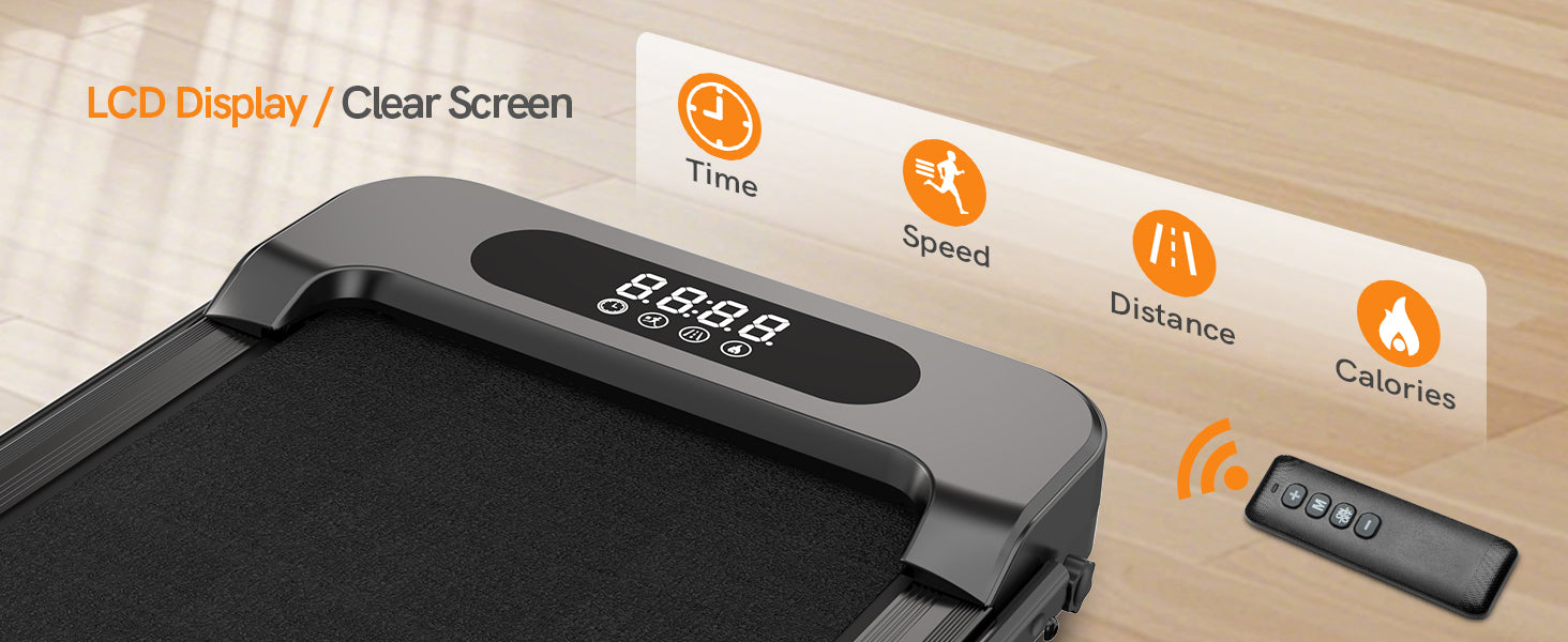 Tapis roulant con display digitale e telecomando su superficie in legno