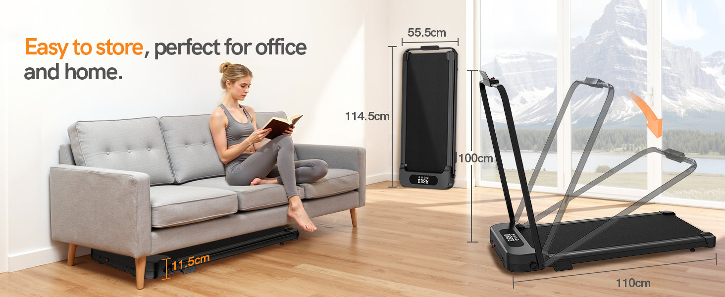 Donna che legge su un divano con un tapis roulant accanto, che mostra le dimensioni.