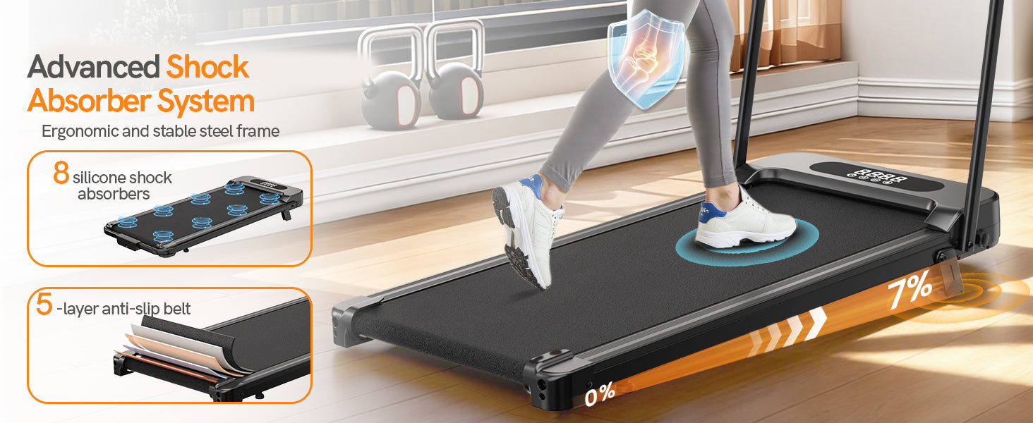 Persona che utilizza un tapis roulant portatile con le caratteristiche evidenziate sullo schermo.