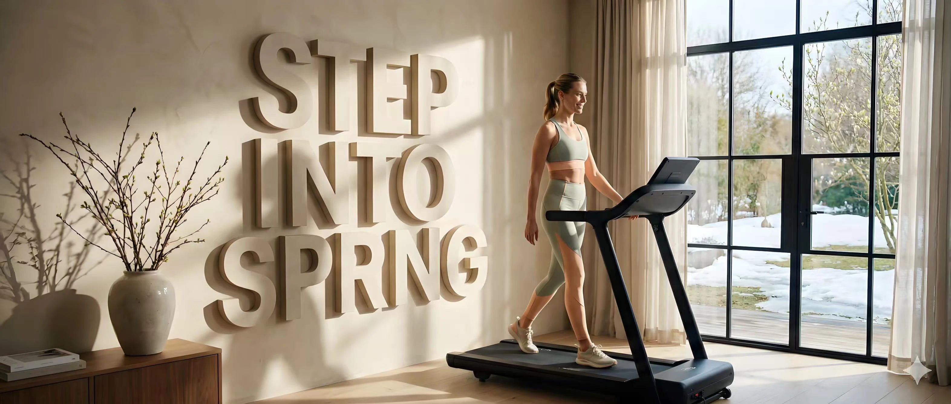Woman on a treadmill with 'Step into Spring' text