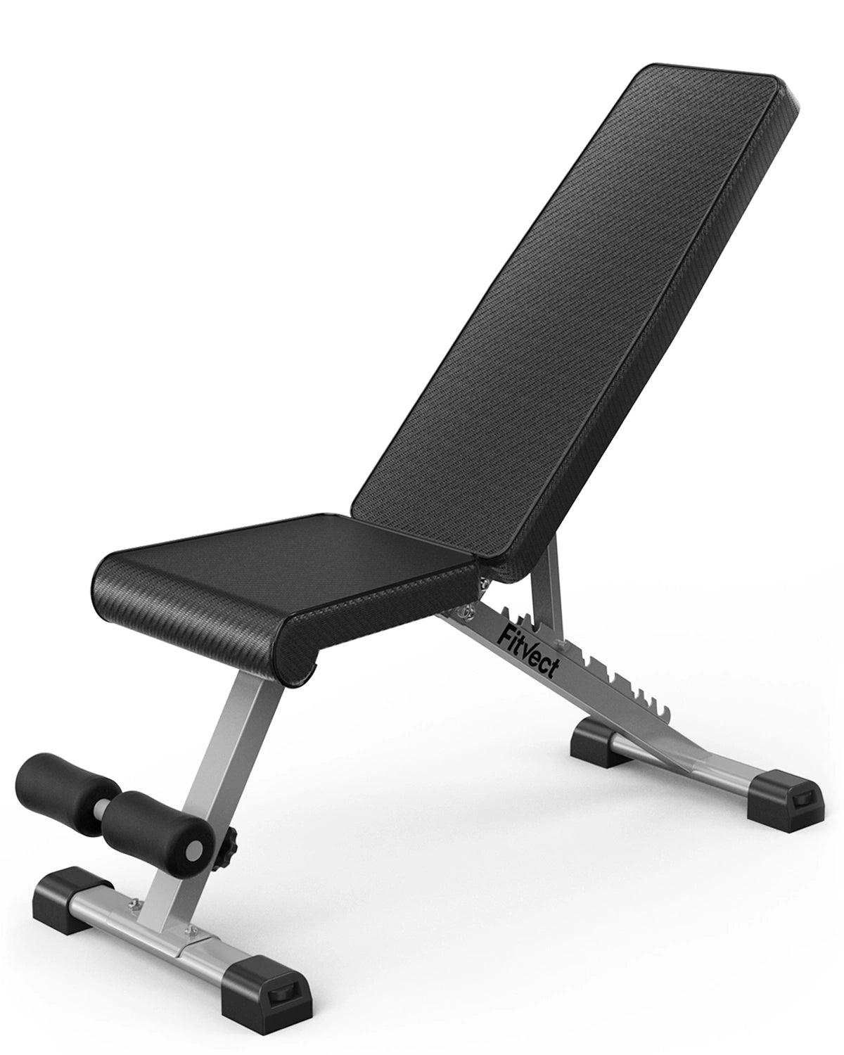 Black adjustable weight bench on a white background