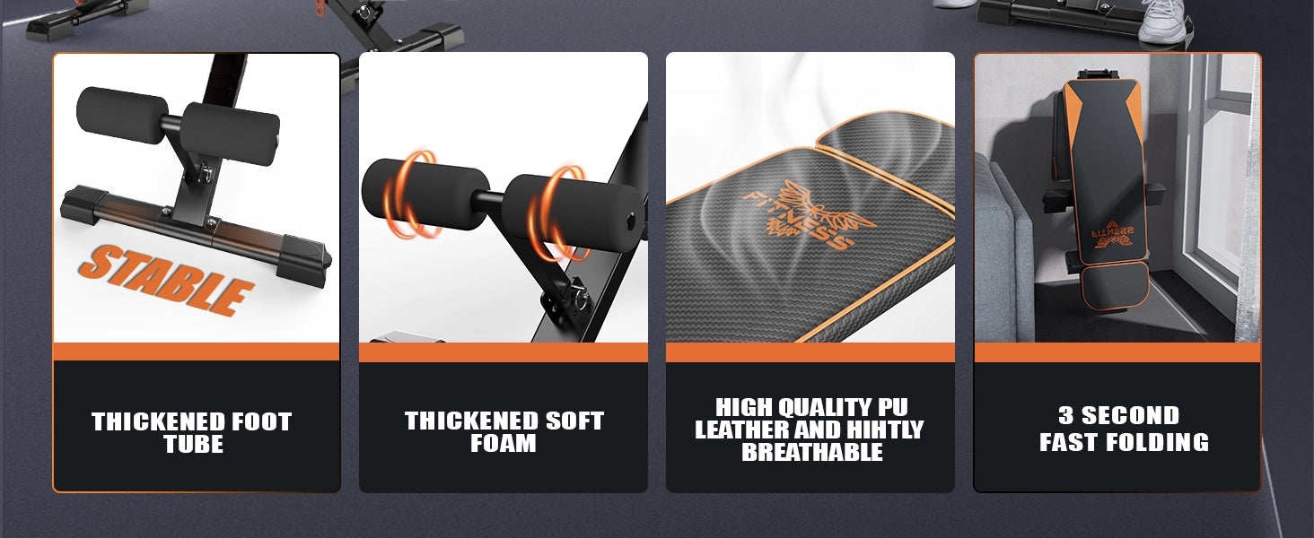 Caratteristiche del prodotto: panca fitness con testo che evidenzia gli elementi di design.