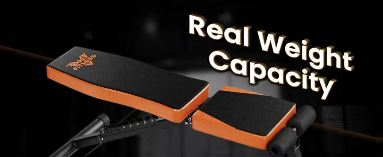 Attrezzatura fitness con testo "Capacità di peso reale" su sfondo scuro