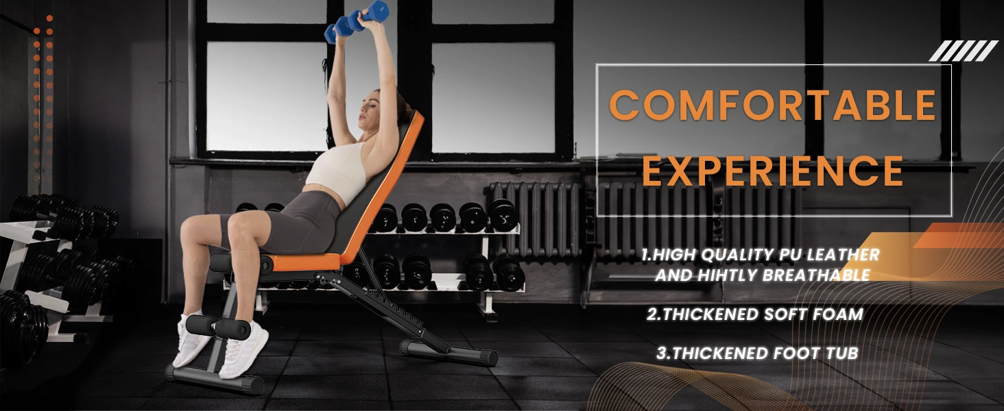 Donna che si esercita su una panca da palestra con attrezzature per il fitness sullo sfondo