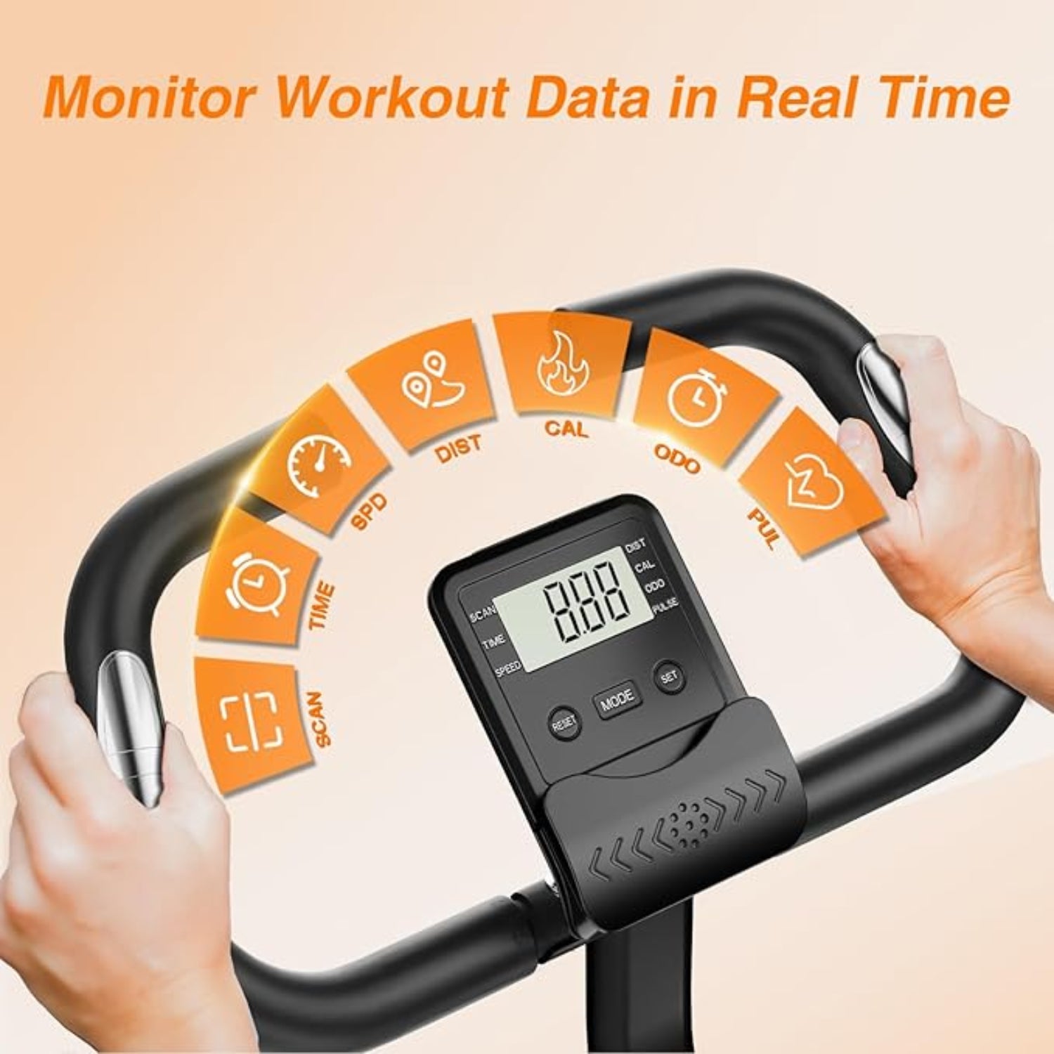 Dispositivo elettronico portatile con display digitale e icone arancioni su sfondo beige