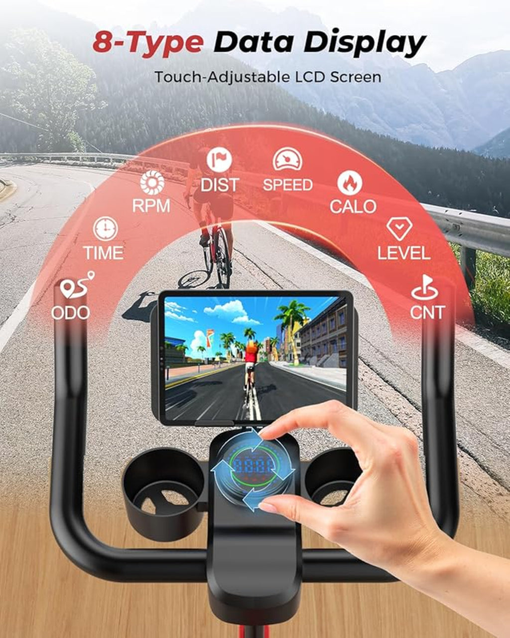 Ciclocomputer con schermo LCD regolabile tramite touch che visualizza vari parametri di ciclismo su uno sfondo stradale.
