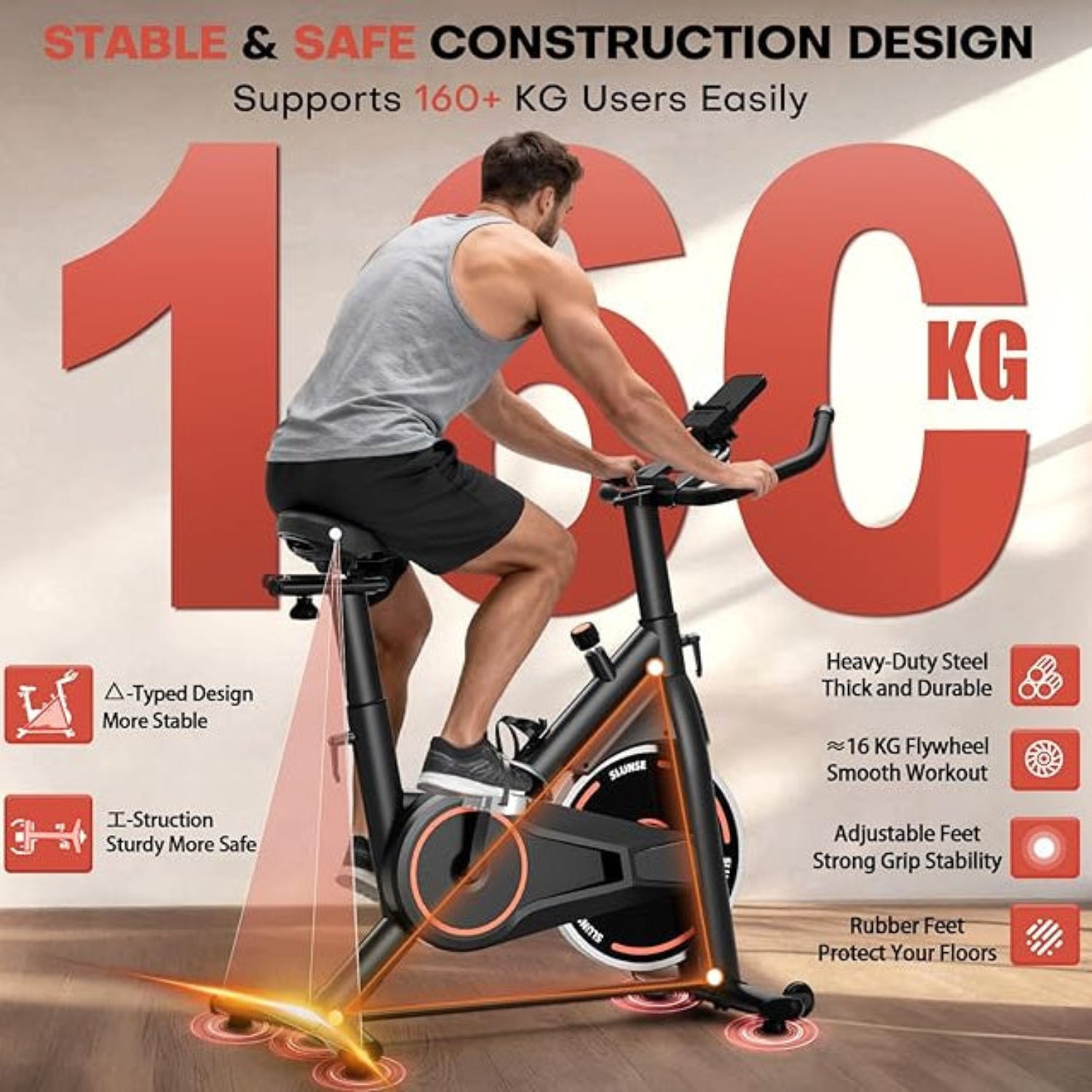 Persona che utilizza una cyclette con testo che ne evidenzia le caratteristiche e la capacità di peso.