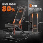 Panca da palestra regolabile salvaspazio con dimensioni e dettagli della funzione pieghevole su sfondo scuro