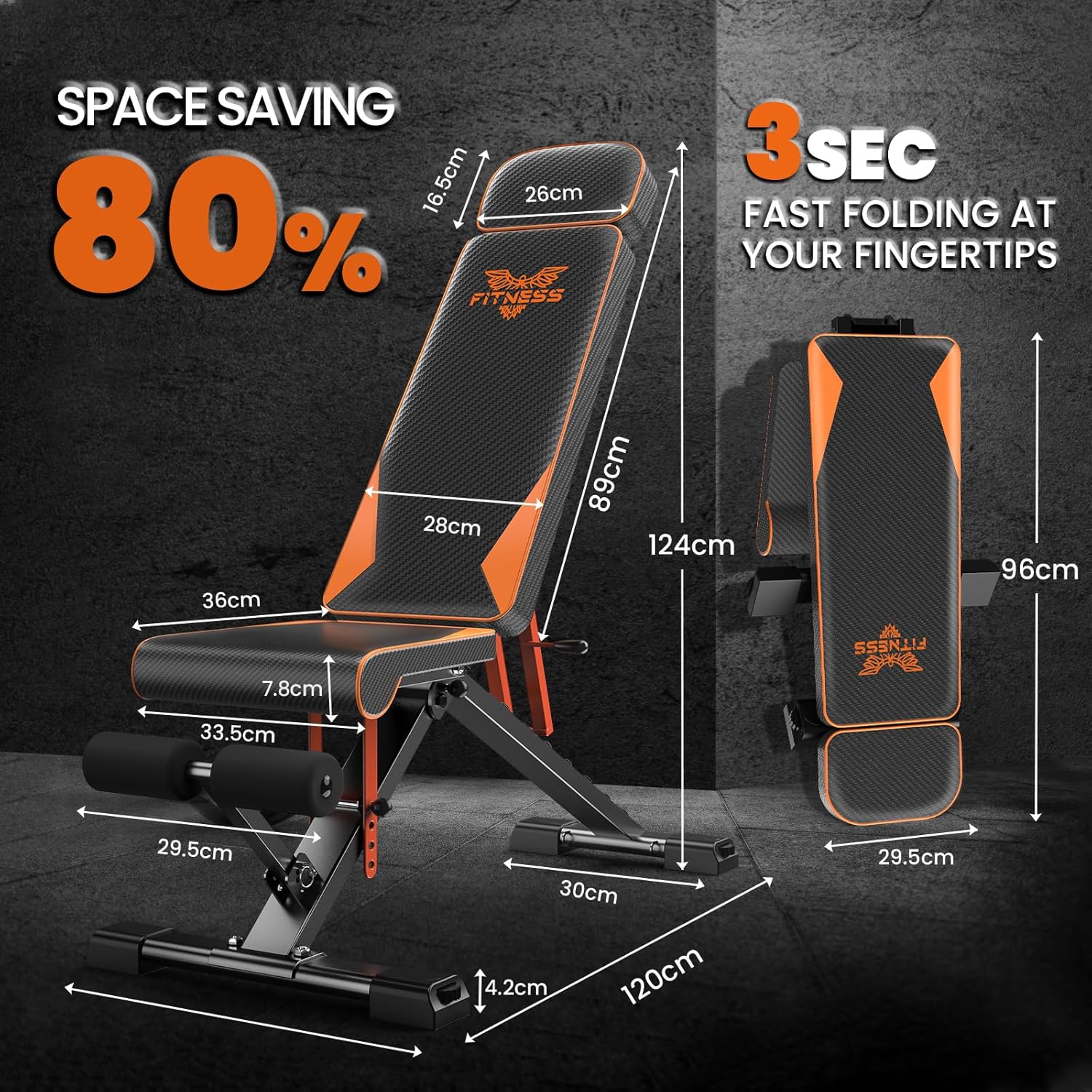 Panca da palestra regolabile salvaspazio con dimensioni e dettagli della funzione pieghevole su sfondo scuro